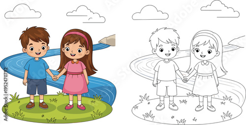 Cute Cartoon Boy and Girl Holding Hands by a Blue River Landscape Coloring Page Vector Illustration for Kids Activity Books
