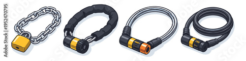 Collection of four different bicycle locks, including a chain lock and three U-locks