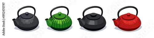Collection of four decorative cast iron teapots in different colors and styles