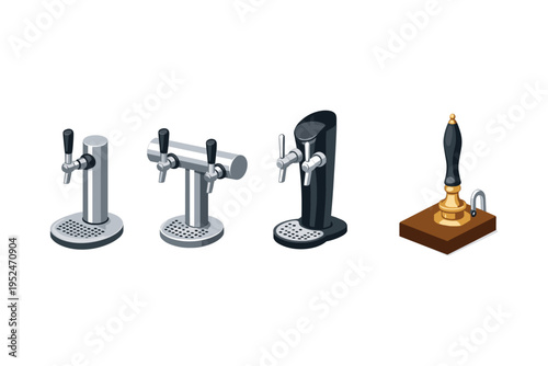Collection of four different beer taps and dispensers in isometric view
