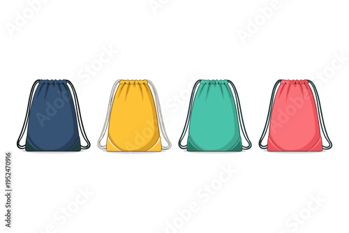 Collection of four colorful drawstring bags on a white background