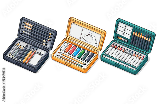Collection of art supply cases with pencils, crayons, and erasers for drawing and sketching