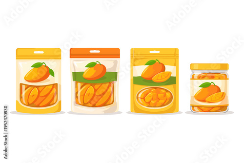 Assortment of packaged dried mango slices and preserves in colorful packaging
