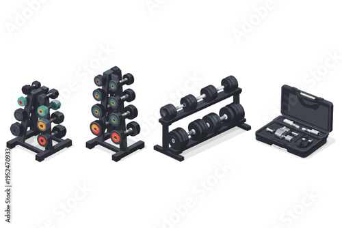 Collection of isometric gym equipment including dumbbell racks and a carrying case