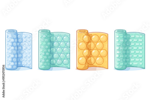 Four rolls of bubble wrap packaging material in different colors and bubble sizes