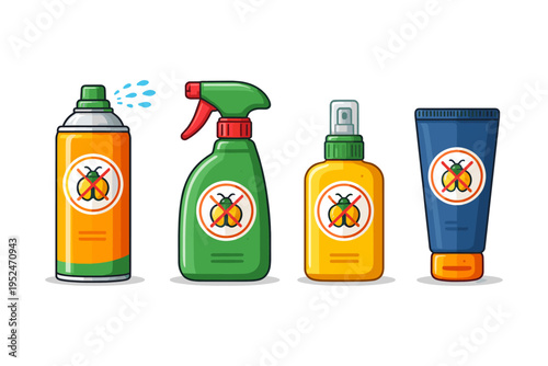 Collection of insect repellent products including spray cans and bottles with bug-free symbols