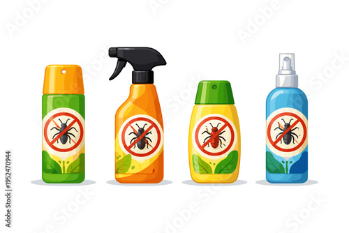 Collection of colorful pest control spray bottles with insect prohibition symbols
