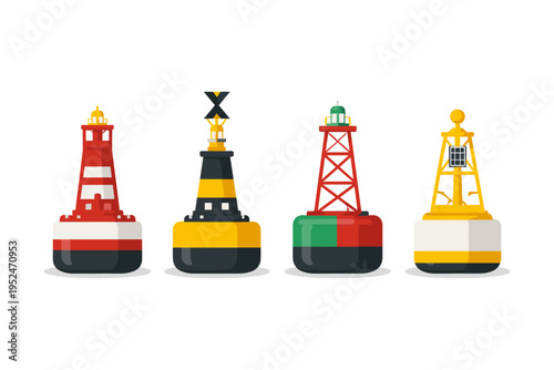 Collection of four distinct navigational buoys with varied designs and colors on a white background