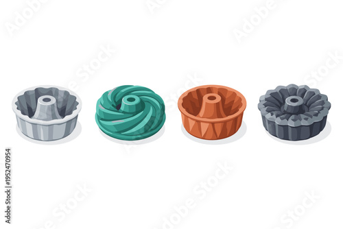 Collection of four distinct bundt cake pans in various colors and designs