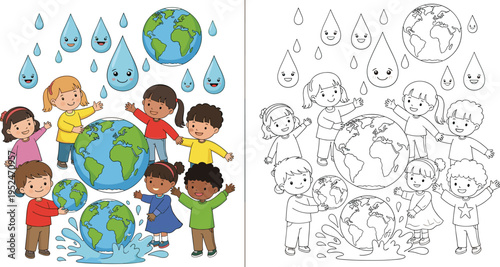 Cute cartoon children holding Earth globes with happy water droplets including coloring page version isolated on white background for kids,
