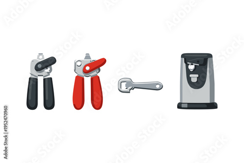 Collection of kitchen can openers and bottle opener on a white background
