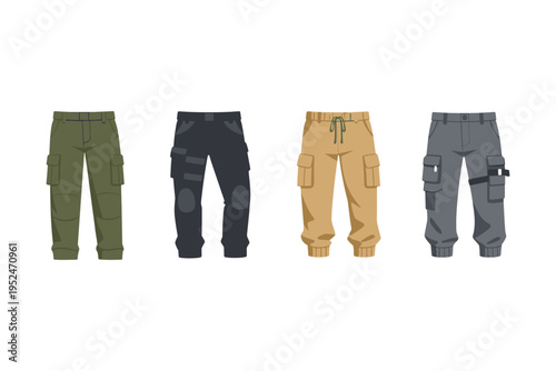 Collection of four different styles of cargo pants in various colors and designs