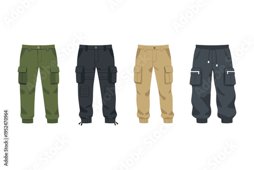 Collection of four different colored cargo pants with multiple pockets and drawstring details