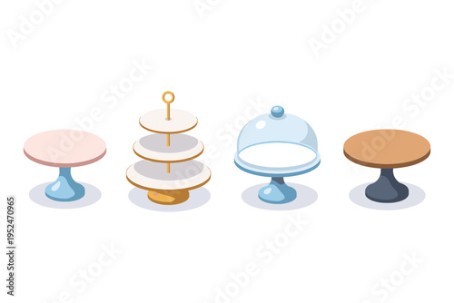Collection of isometric cake stands and serving platters on a white background