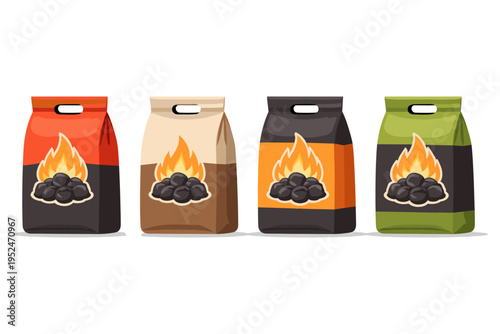 Four bags of charcoal briquettes with flames and embers, isolated on white background