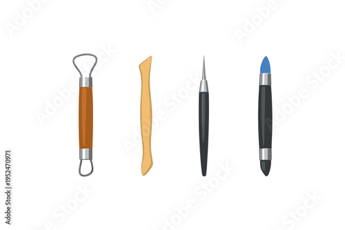 Set of four sculpting and pottery tools with wooden and plastic handles on white background