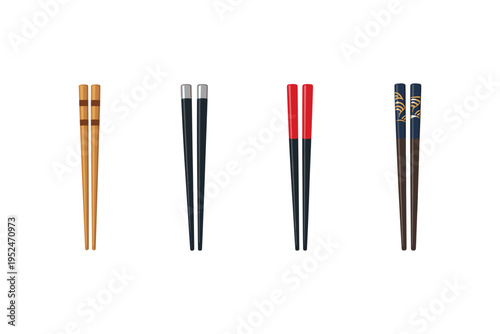 Collection of four pairs of chopsticks in different styles and colors on white background