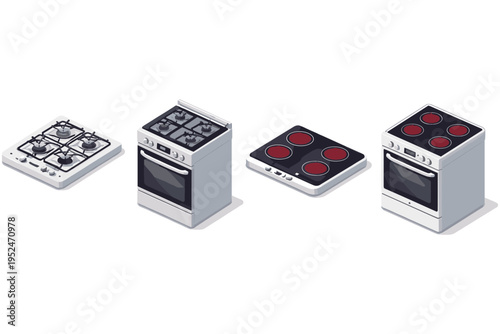 Collection of isometric gas and electric stoves with ovens on a white background