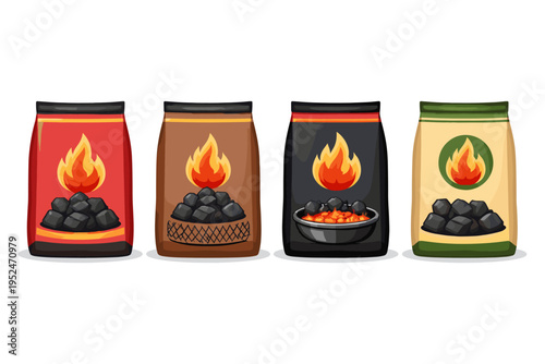 Collection of four bags of charcoal briquettes with flames, representing different brands