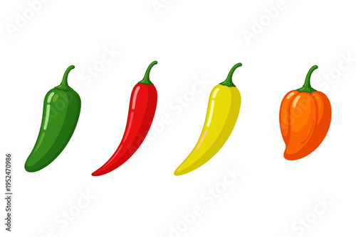 Four colorful chili peppers in a row: green, red, yellow, and orange