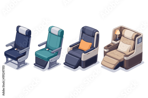 Various airplane seats shown in isometric view, from economy to first class
