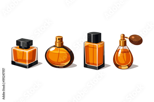 Collection of four elegant perfume bottles with amber liquid and black caps