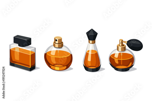 Collection of four elegant perfume bottles with amber liquid and gold accents