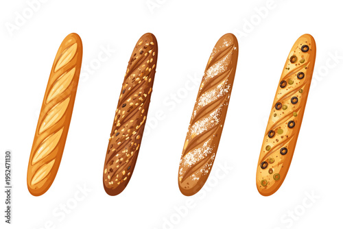 Four different types of delicious baguettes with various toppings and textures