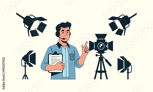 A film director stands confidently surrounded by movie making equipment and bright spotlights high quality