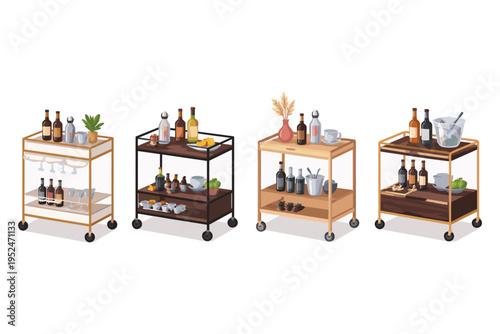 Four different styles of mobile bar carts stocked with drinks and glassware