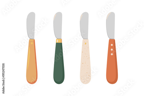 Four distinct butter knives with colorful handles arranged in a row on a white background