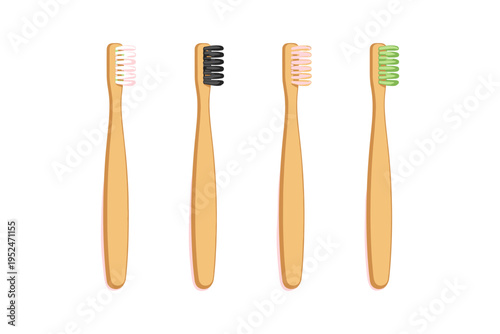 Four bamboo toothbrushes with different colored bristles arranged in a row