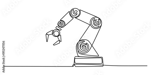 Continuous line drawing of an industrial robotic arm used in automation and manufacturing processes