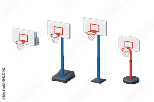 Collection of four different basketball hoops and backboards in isometric view