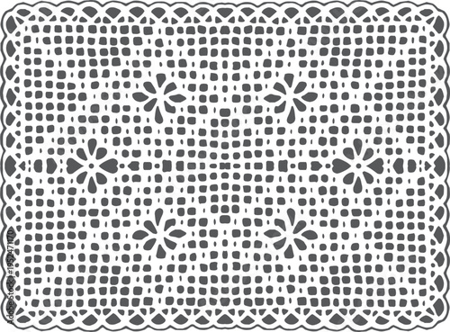 Intricate black and white crochet lace doily pattern with floral motifs and scalloped edging