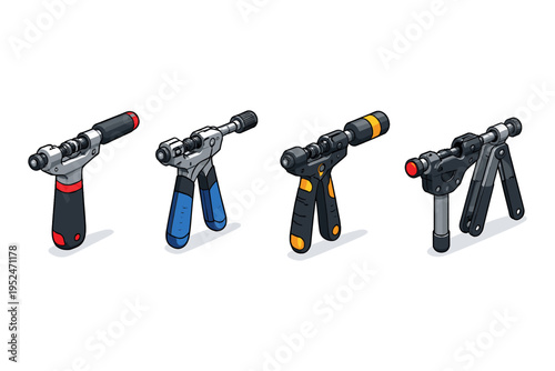 Set of four isometric hand grip strengthener tools with different colors and designs