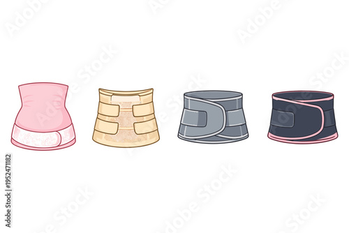Collection of four different postpartum belly bands and waist trainers in various colors