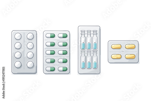 Various blister packs of pills and capsules, medical supplies illustration