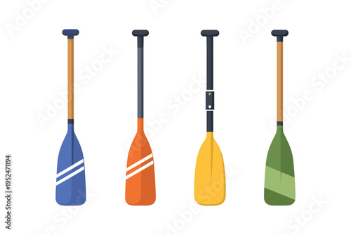Collection of four colorful paddles for water sports on a white background