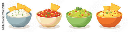 Four colorful bowls of dips and chips, including guacamole, salsa, and cheese dip