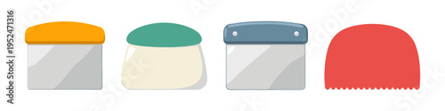 Set of four colorful dough scrapers and bench scrapers for baking and cooking
