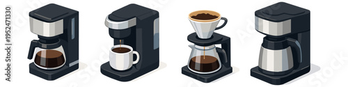 Collection of four isometric coffee makers brewing hot beverages for morning enjoyment
