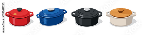 Collection of four colorful Dutch ovens with lids, isolated on white background
