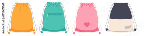 Collection of four colorful drawstring backpacks with different designs and features