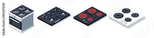 Collection of four different types of kitchen stoves and cooktops in isometric view