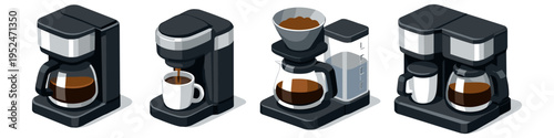 Collection of four isometric coffee makers with different designs and functions