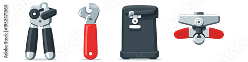Collection of four different can openers and bottle openers on a white background