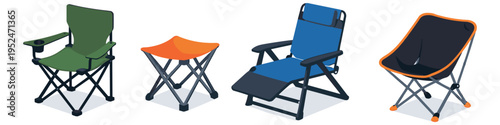 Collection of four portable folding chairs and stools for outdoor activities