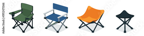 Collection of four different portable folding chairs and stools for outdoor activities