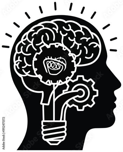 Profile silhouette of human head with light bulb and gears inside glowing mind